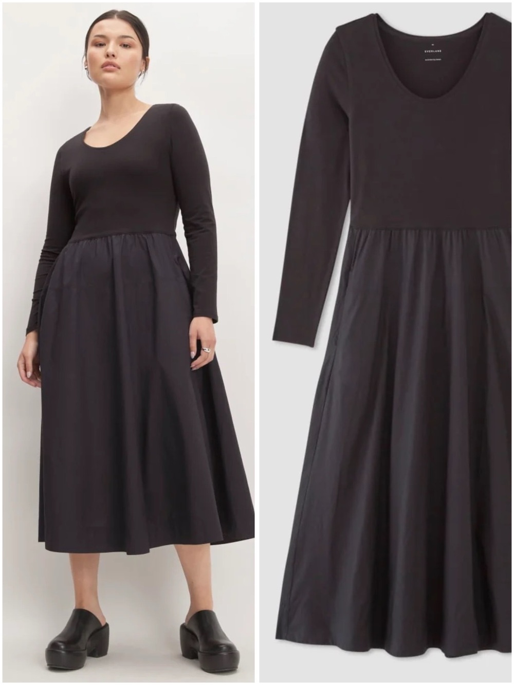 Everlane Long-Sleeve Riviera Dress Small Black Supima Cotton Midi Dress NWOT